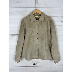 A.M.I Suede Leather Jacket Womens XL Beige Button Front Collared Lined Coat